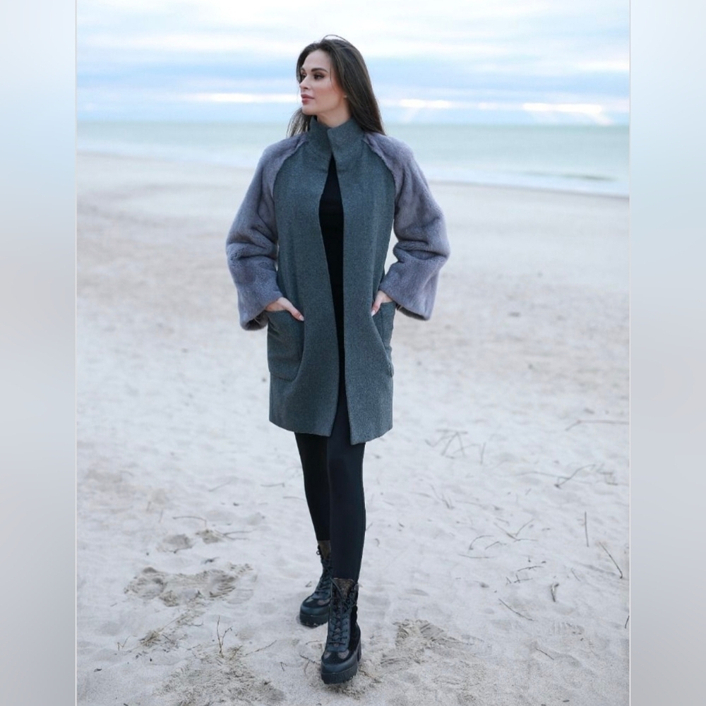 Beautyfur Fashions Wool and Cashmere Coat Grey with Mink Sleeves Size M
